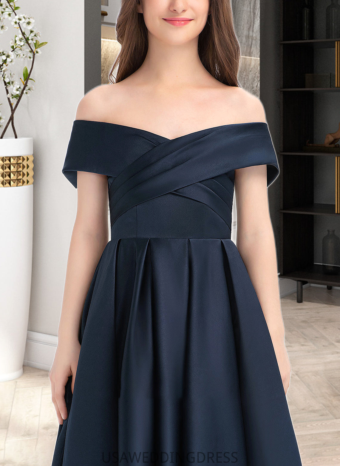Erica A-Line Off-the-Shoulder Tea-Length Satin Junior Bridesmaid Dress With Ruffle Pockets DSP0013383