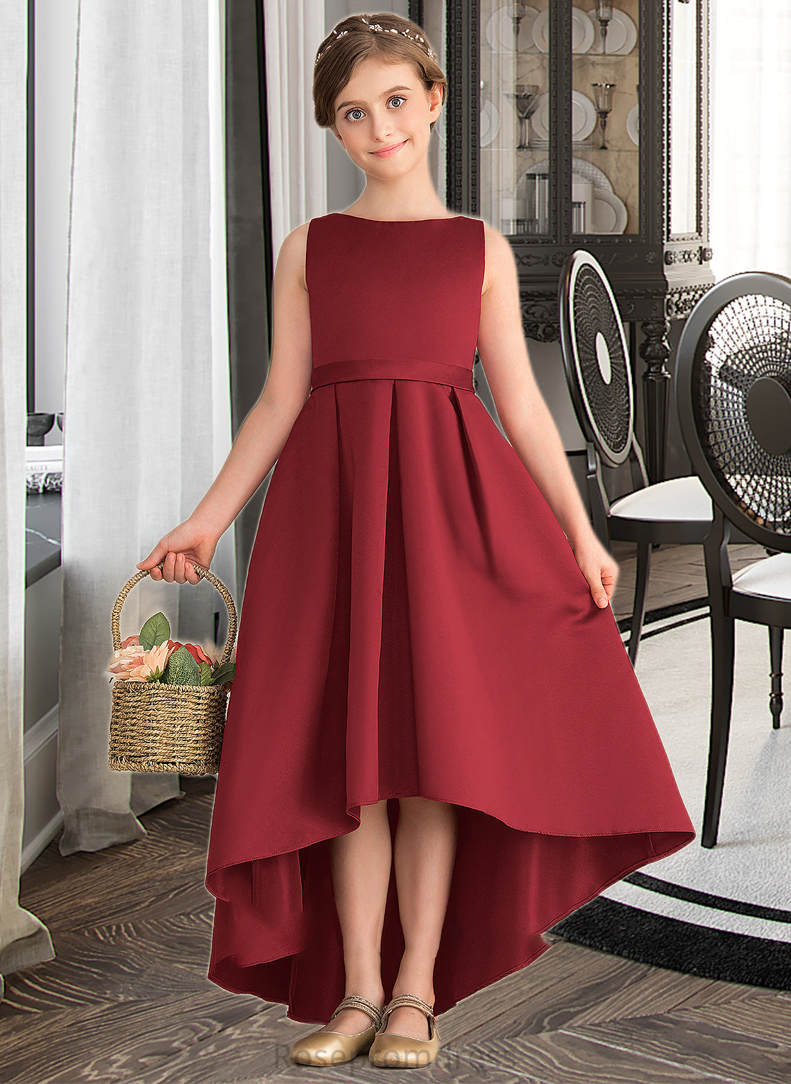 Kitty A-Line Scoop Neck Asymmetrical Satin Junior Bridesmaid Dress With Ruffle Pockets SRSP0013385