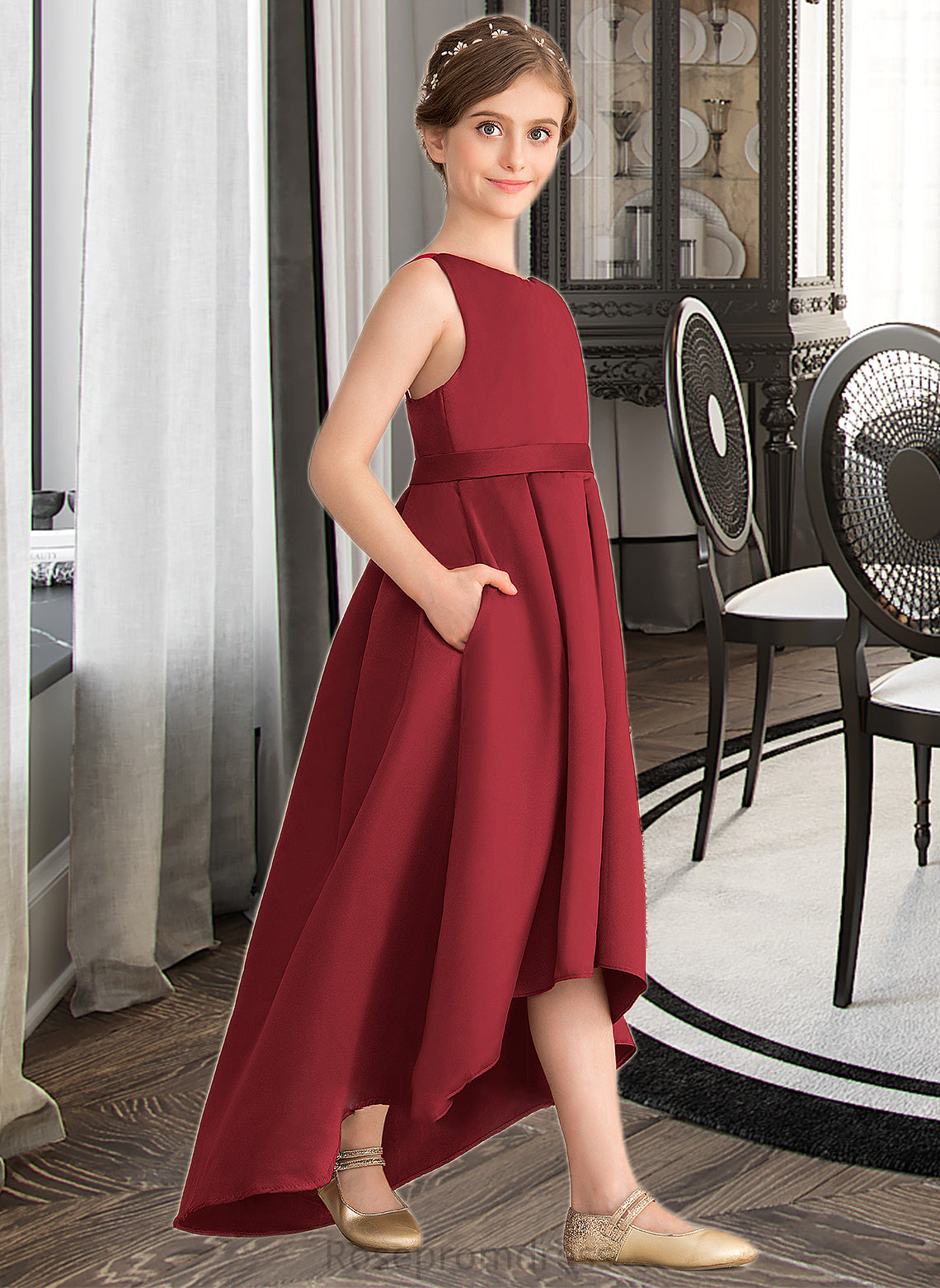 Kitty A-Line Scoop Neck Asymmetrical Satin Junior Bridesmaid Dress With Ruffle Pockets SRSP0013385