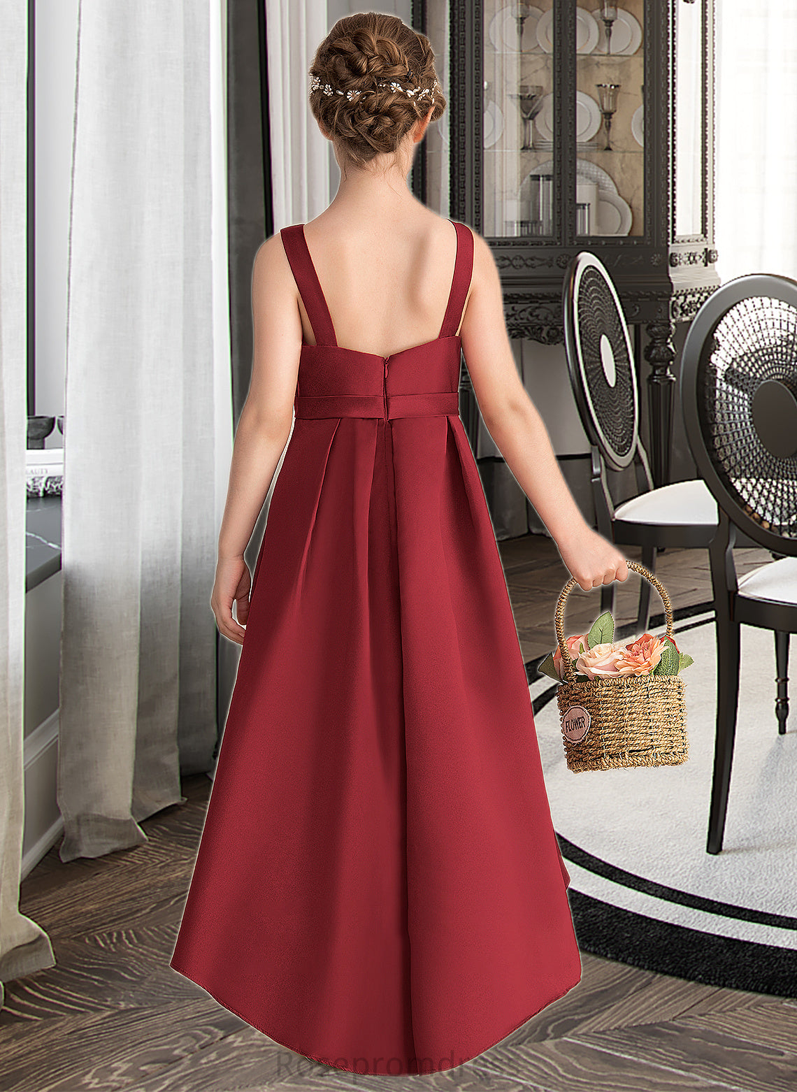 Kitty A-Line Scoop Neck Asymmetrical Satin Junior Bridesmaid Dress With Ruffle Pockets SRSP0013385