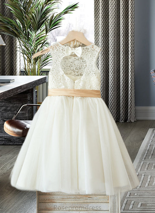 Yazmin A-Line Scoop Neck Knee-Length Tulle Junior Bridesmaid Dress With Sash Bow(s) SRSP0013387