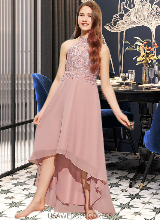 Kylee A-Line Scoop Neck Asymmetrical Chiffon Lace Junior Bridesmaid Dress DSP0013388