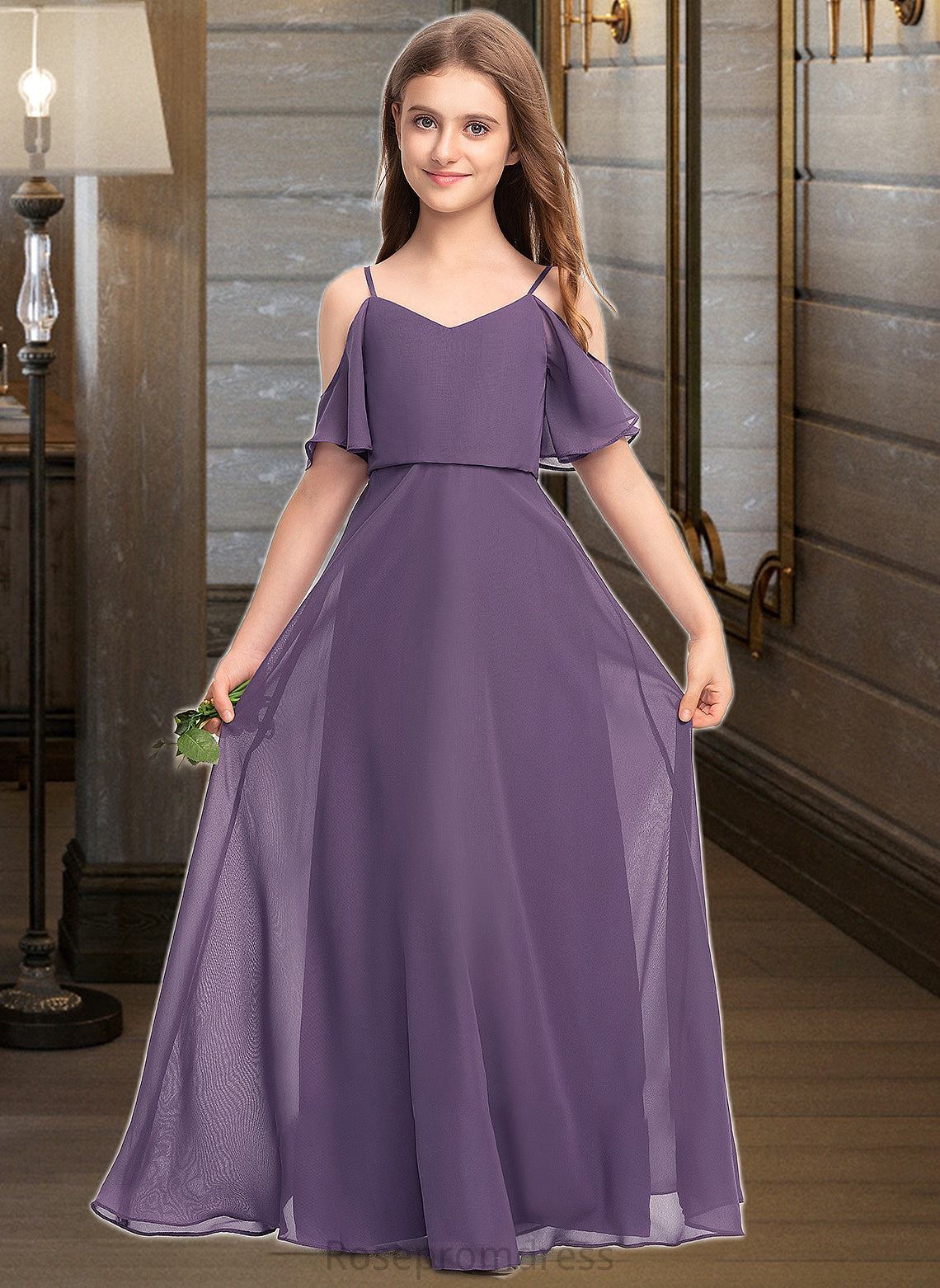 Aryanna A-Line V-neck Floor-Length Chiffon Junior Bridesmaid Dress SRSP0013390