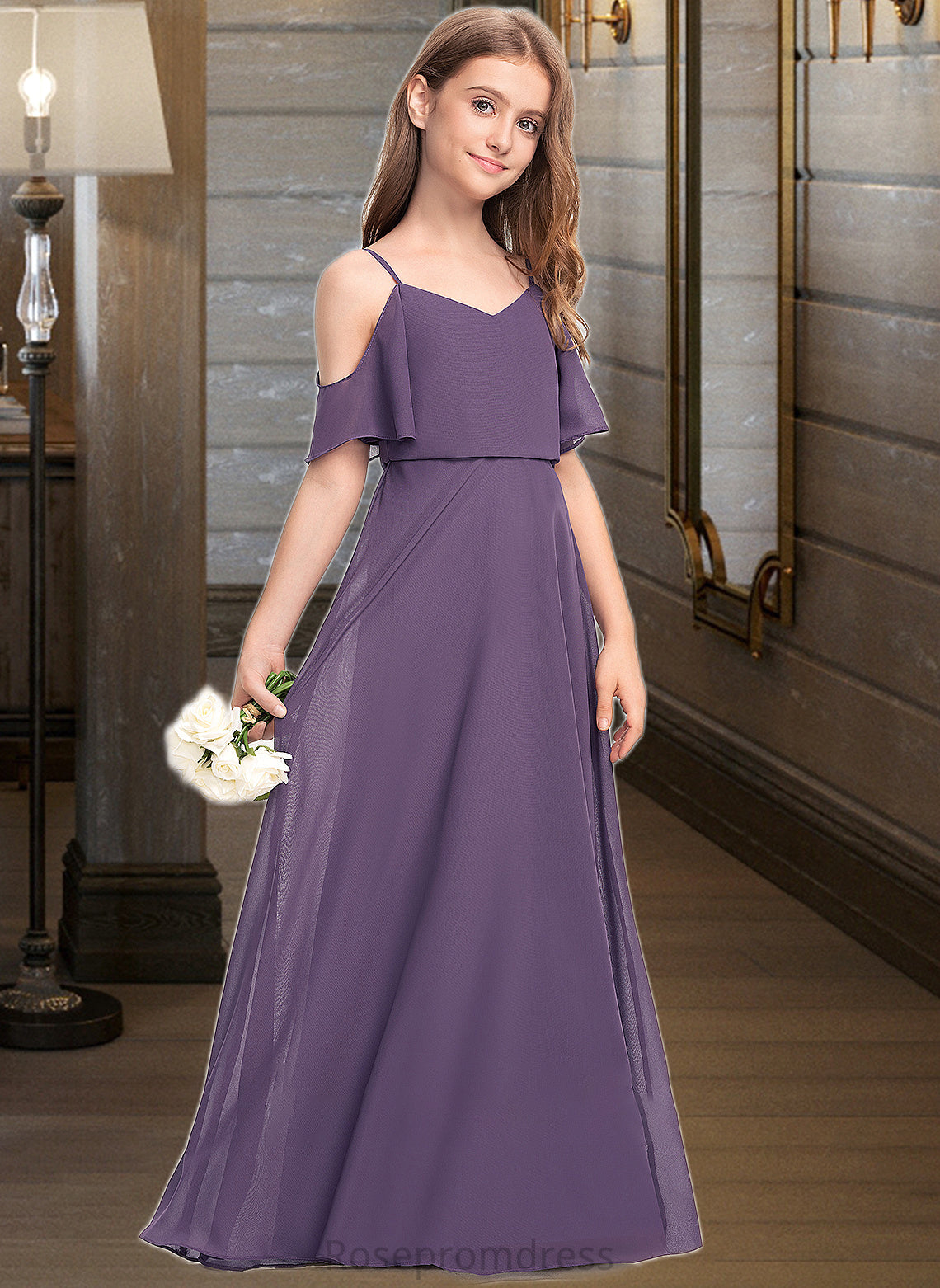 Aryanna A-Line V-neck Floor-Length Chiffon Junior Bridesmaid Dress SRSP0013390