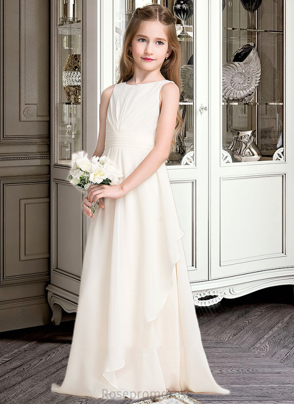 Katrina A-Line Scoop Neck Floor-Length Chiffon Junior Bridesmaid Dress With Cascading Ruffles SRSP0013394