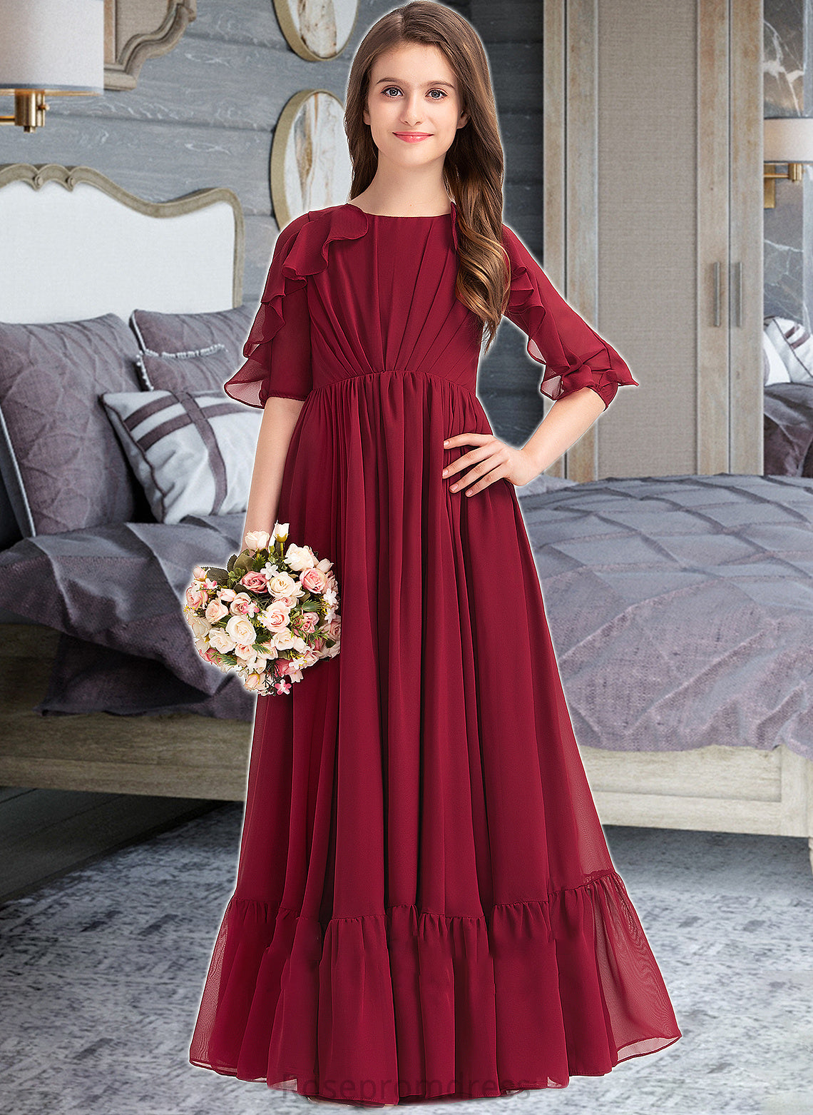 Marianna A-Line Scoop Neck Floor-Length Chiffon Junior Bridesmaid Dress With Cascading Ruffles SRSP0013398