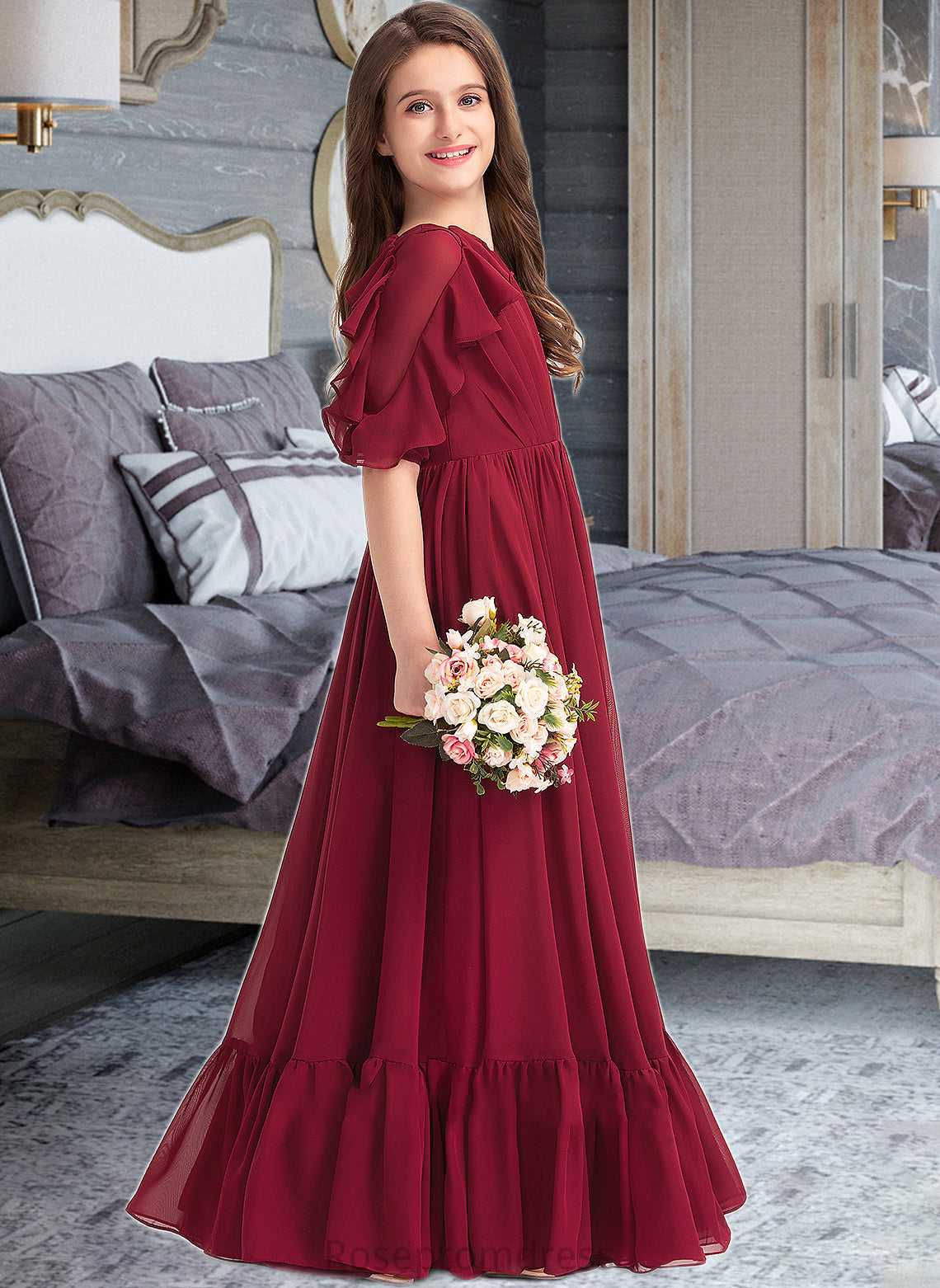 Marianna A-Line Scoop Neck Floor-Length Chiffon Junior Bridesmaid Dress With Cascading Ruffles SRSP0013398