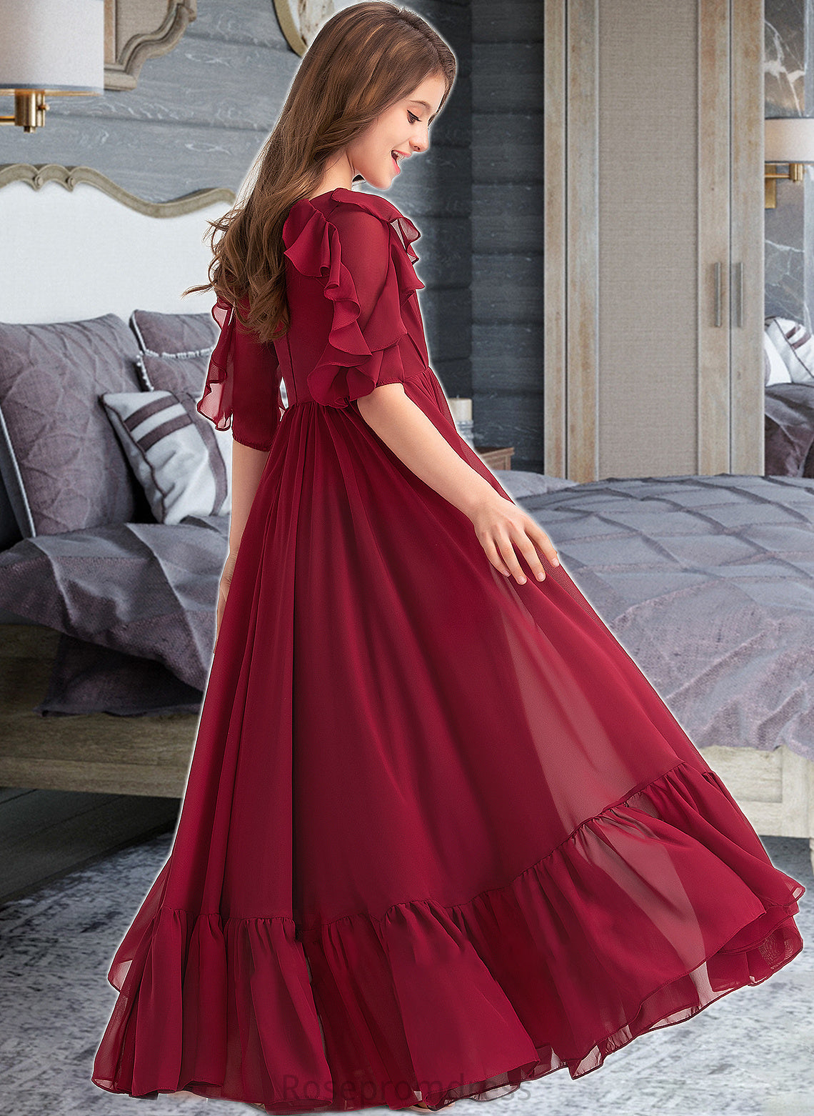 Marianna A-Line Scoop Neck Floor-Length Chiffon Junior Bridesmaid Dress With Cascading Ruffles SRSP0013398