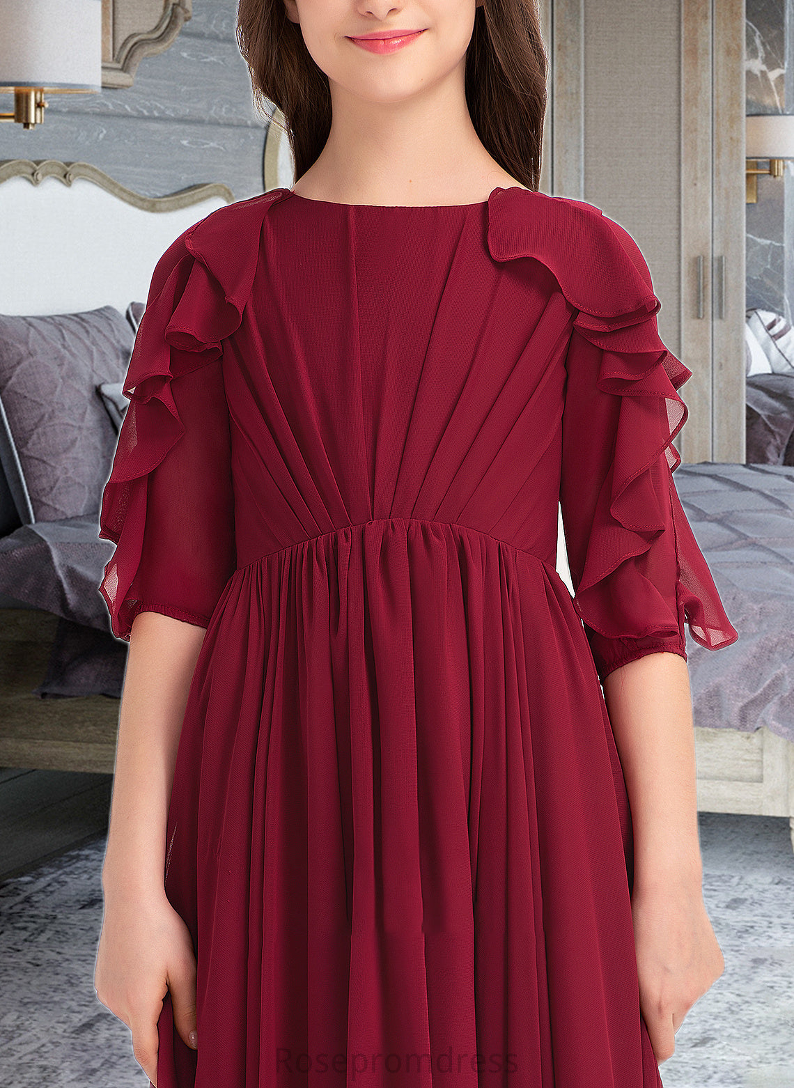 Marianna A-Line Scoop Neck Floor-Length Chiffon Junior Bridesmaid Dress With Cascading Ruffles SRSP0013398