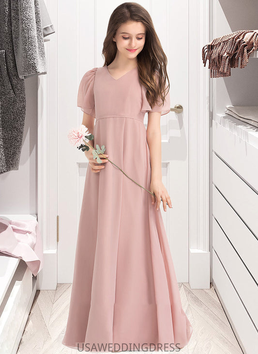 Teresa A-Line V-neck Floor-Length Chiffon Junior Bridesmaid Dress With Bow(s) DSP0013399