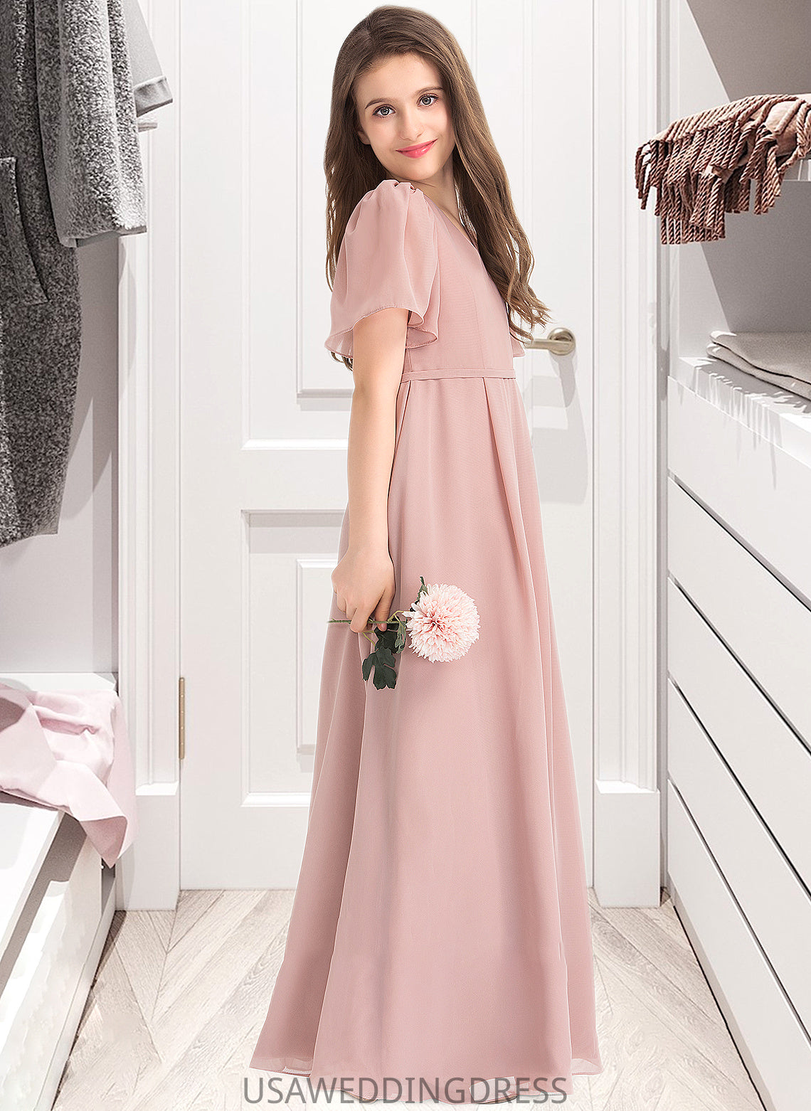 Teresa A-Line V-neck Floor-Length Chiffon Junior Bridesmaid Dress With Bow(s) DSP0013399
