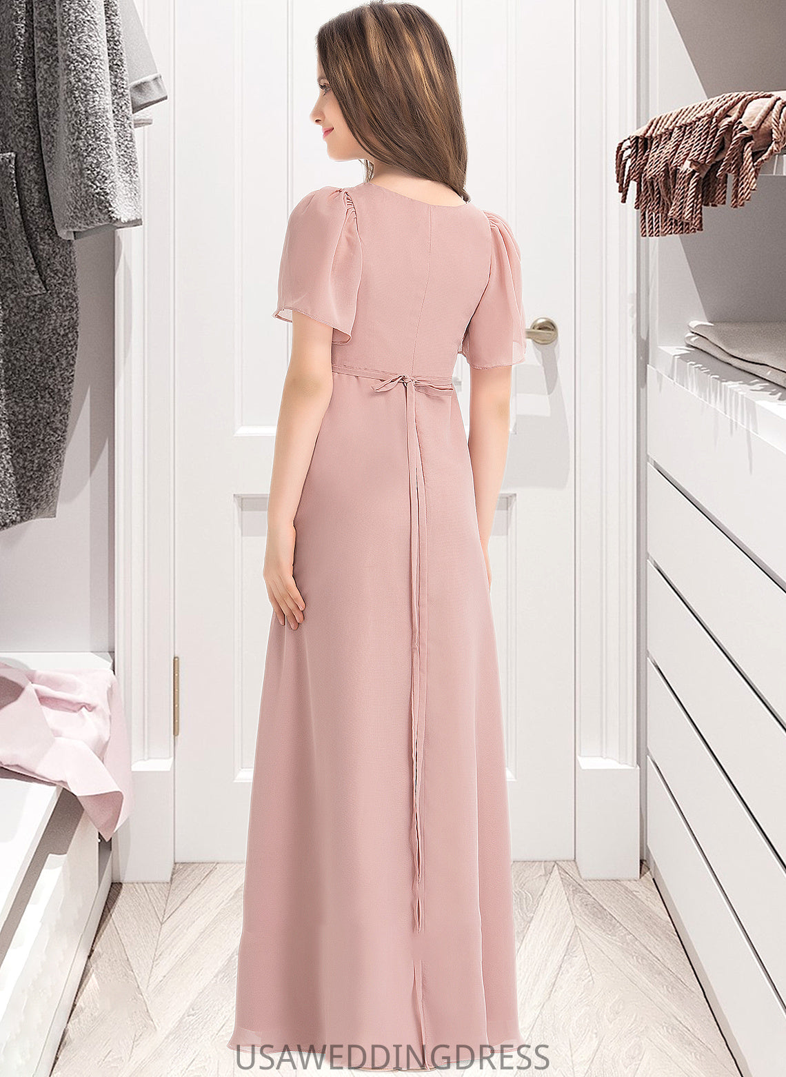 Teresa A-Line V-neck Floor-Length Chiffon Junior Bridesmaid Dress With Bow(s) DSP0013399