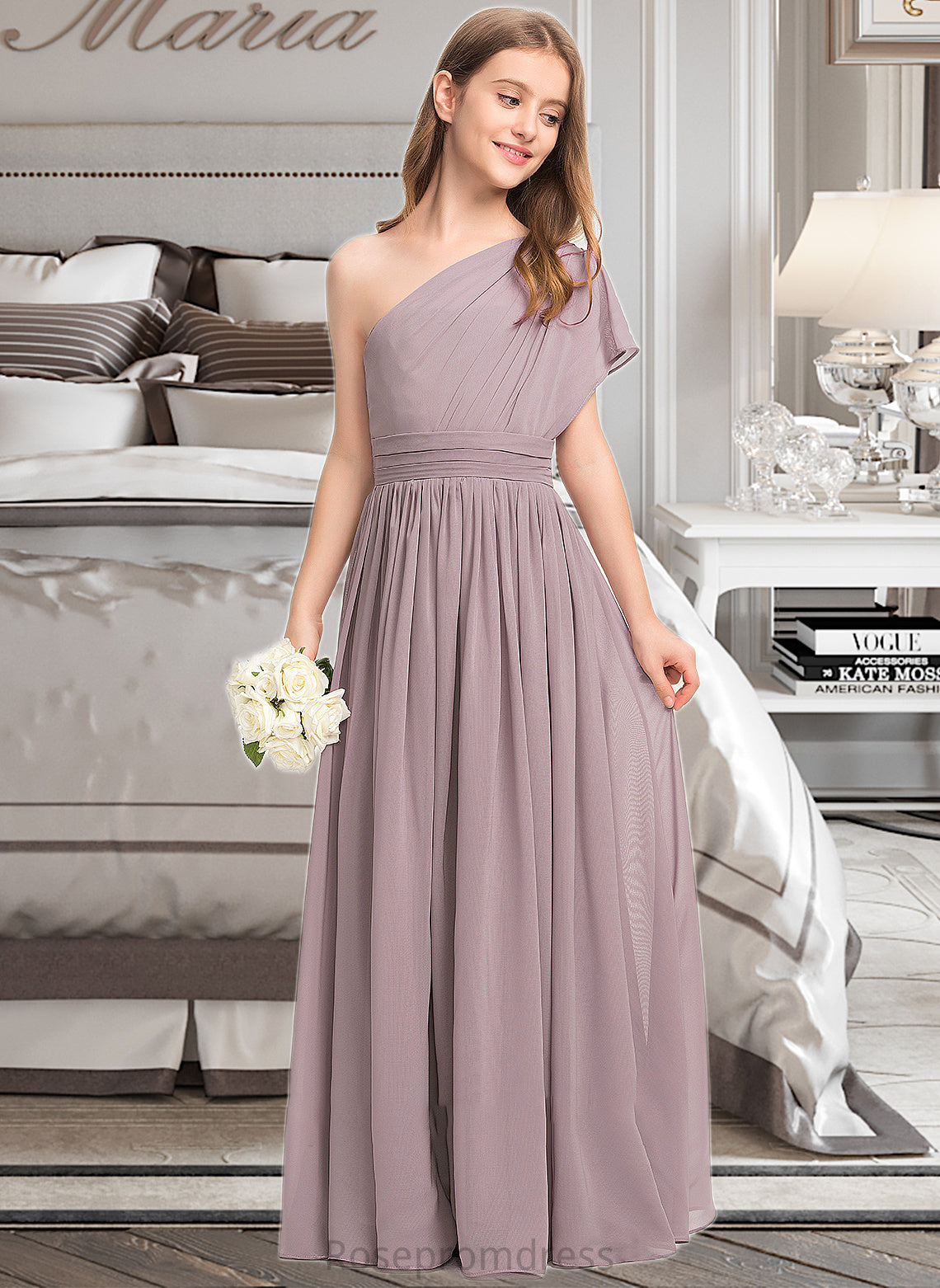 Regina A-Line One-Shoulder Floor-Length Chiffon Junior Bridesmaid Dress With Ruffle SRSP0013400