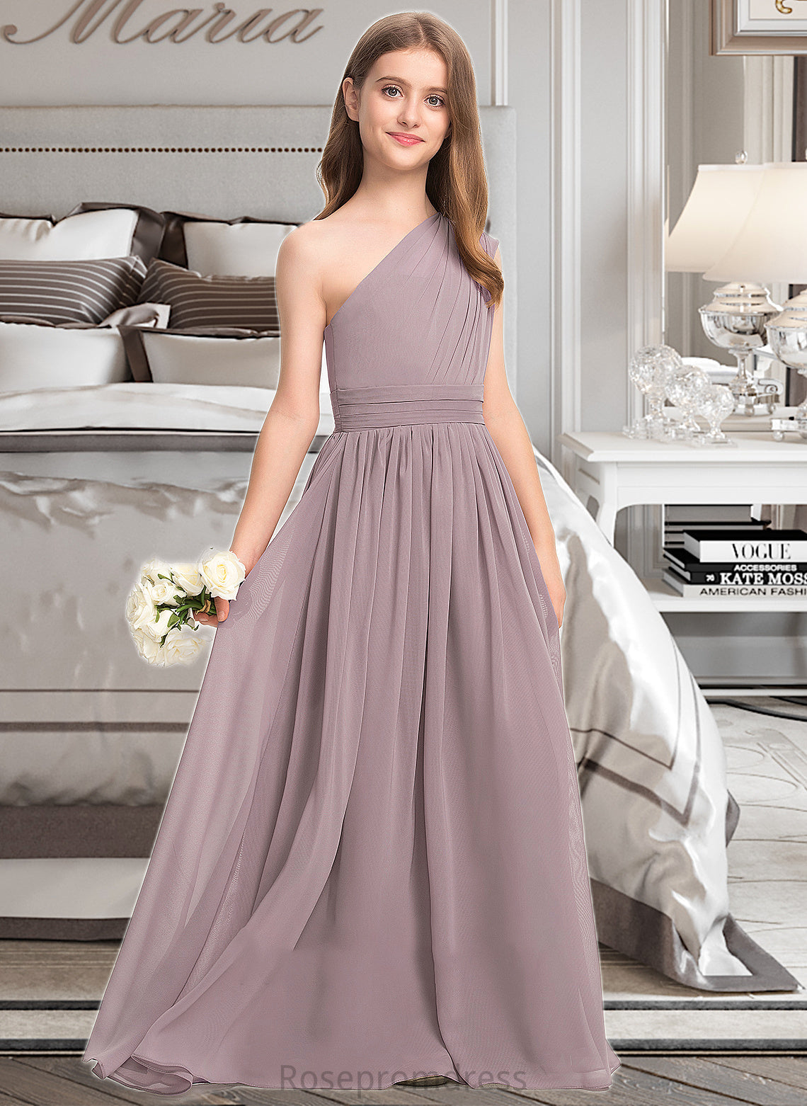 Regina A-Line One-Shoulder Floor-Length Chiffon Junior Bridesmaid Dress With Ruffle SRSP0013400