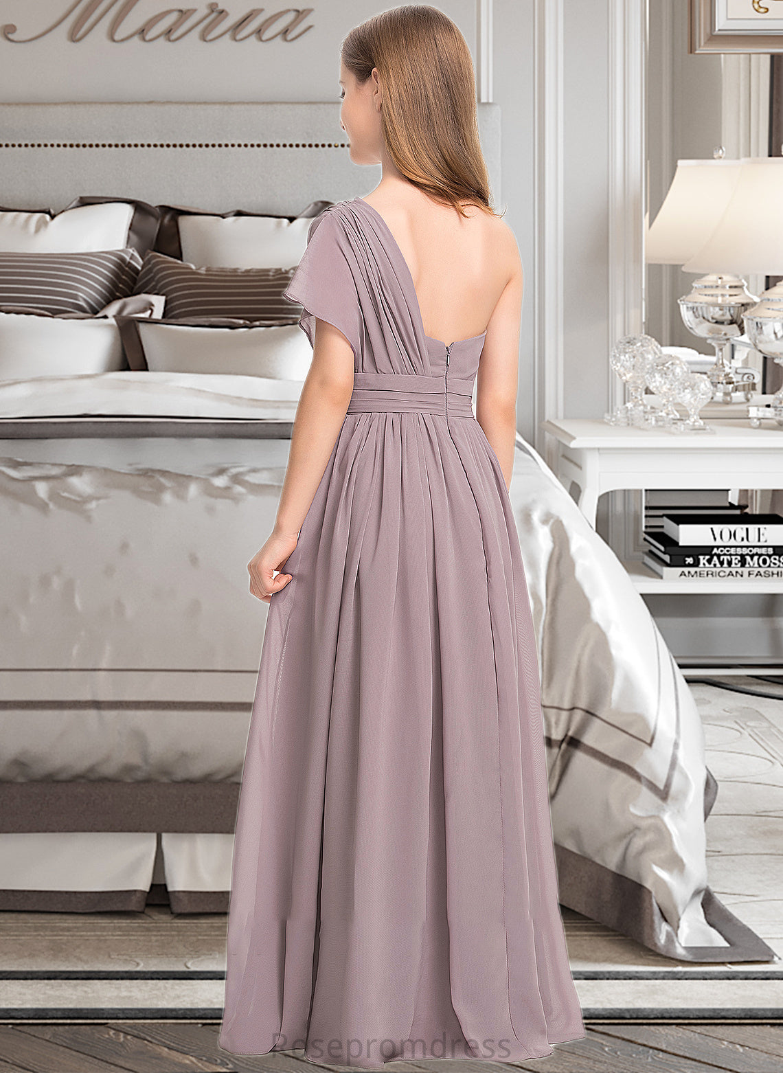 Regina A-Line One-Shoulder Floor-Length Chiffon Junior Bridesmaid Dress With Ruffle SRSP0013400