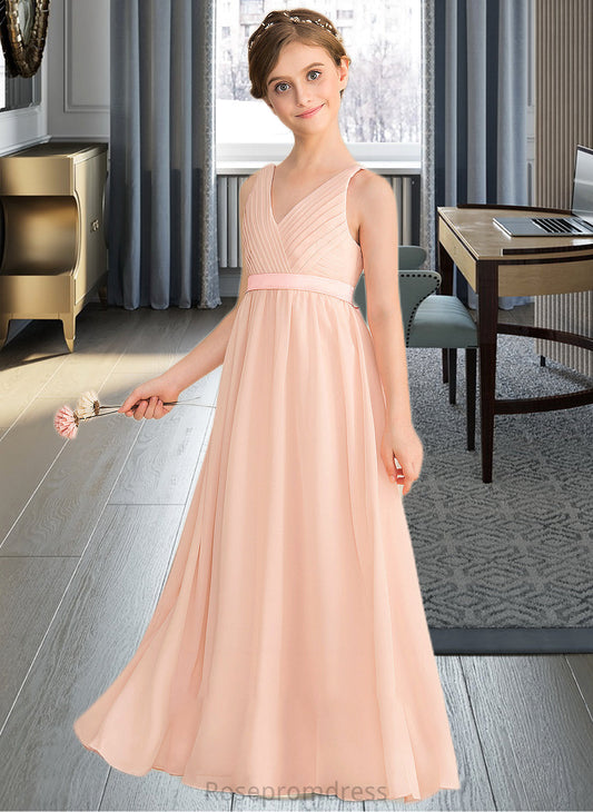 Kylie A-Line V-neck Floor-Length Chiffon Junior Bridesmaid Dress With Ruffle Bow(s) SRSP0013402