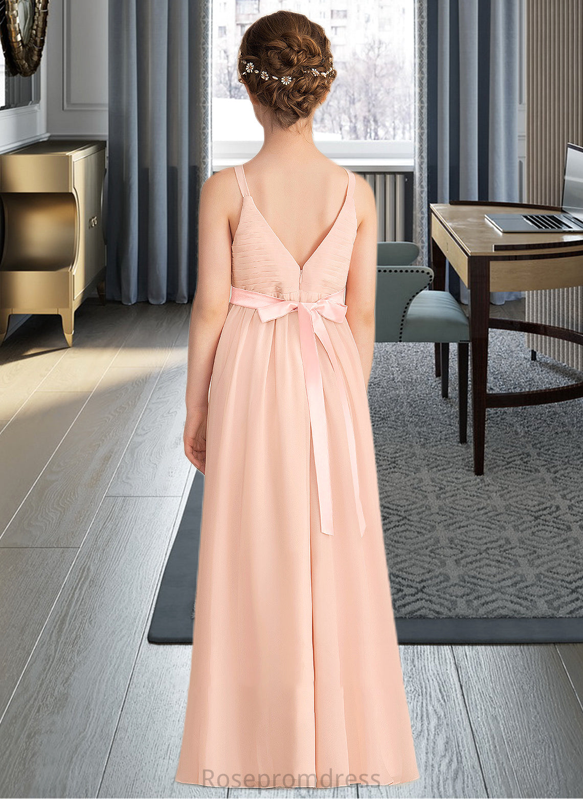 Kylie A-Line V-neck Floor-Length Chiffon Junior Bridesmaid Dress With Ruffle Bow(s) SRSP0013402