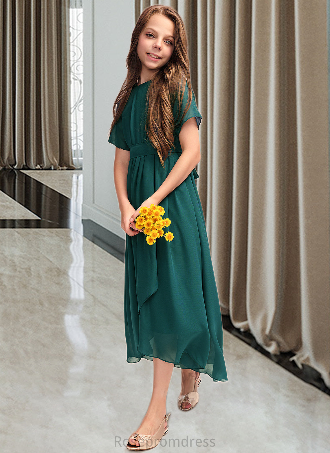Amiya A-Line Scoop Neck Asymmetrical Chiffon Junior Bridesmaid Dress With Ruffle Bow(s) SRSP0013403