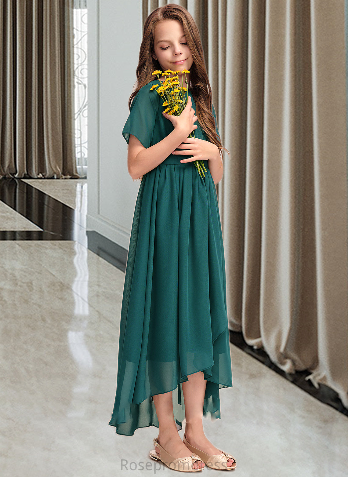 Amiya A-Line Scoop Neck Asymmetrical Chiffon Junior Bridesmaid Dress With Ruffle Bow(s) SRSP0013403
