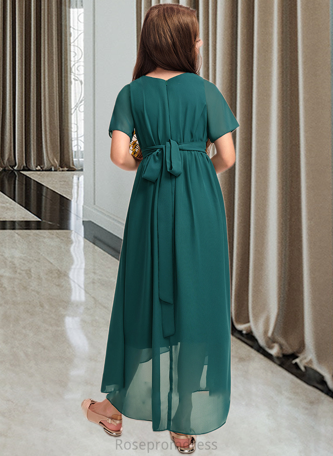 Amiya A-Line Scoop Neck Asymmetrical Chiffon Junior Bridesmaid Dress With Ruffle Bow(s) SRSP0013403