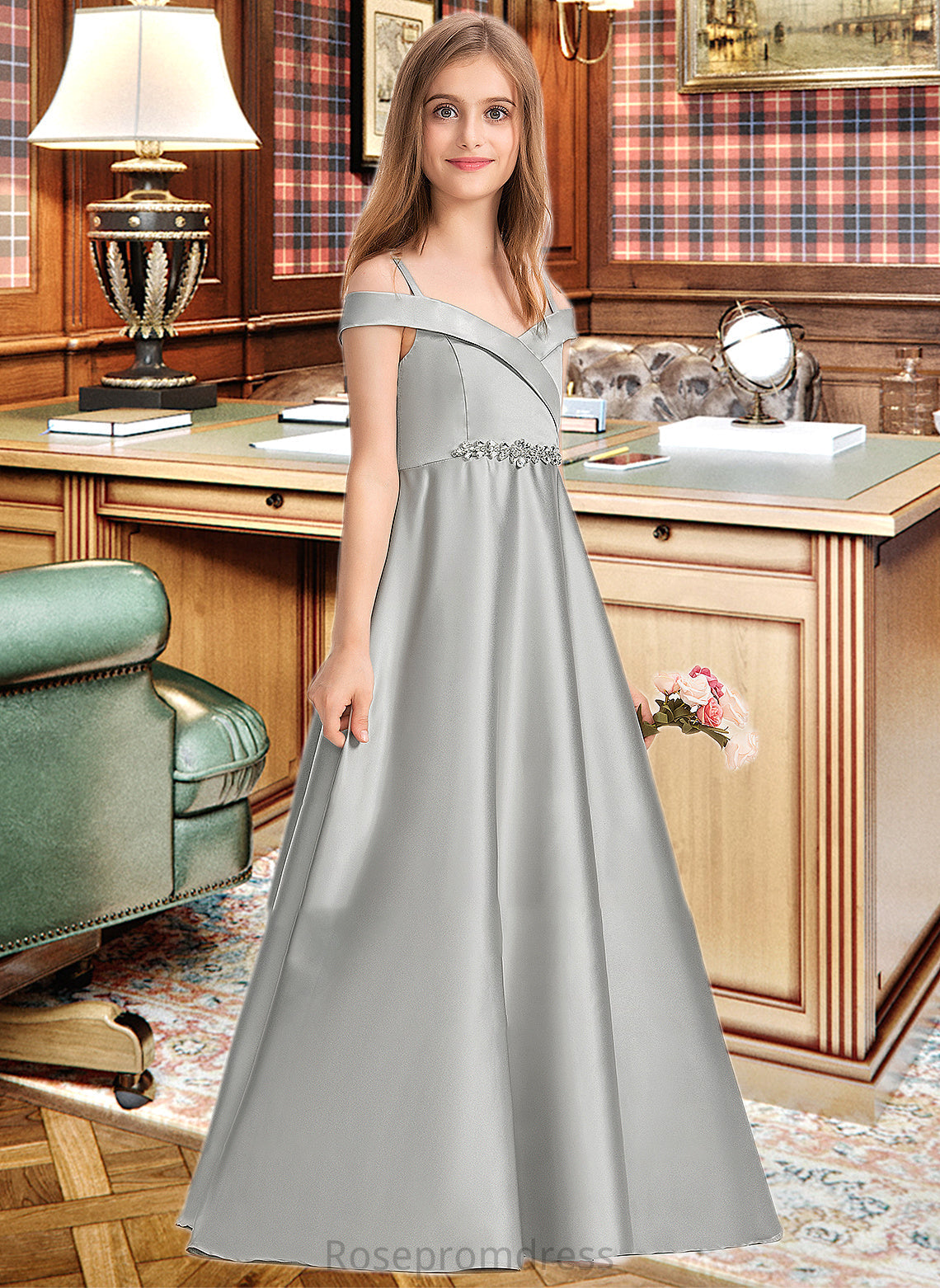 Hedda Ball-Gown/Princess Off-the-Shoulder Floor-Length Satin Junior Bridesmaid Dress SRSP0013404