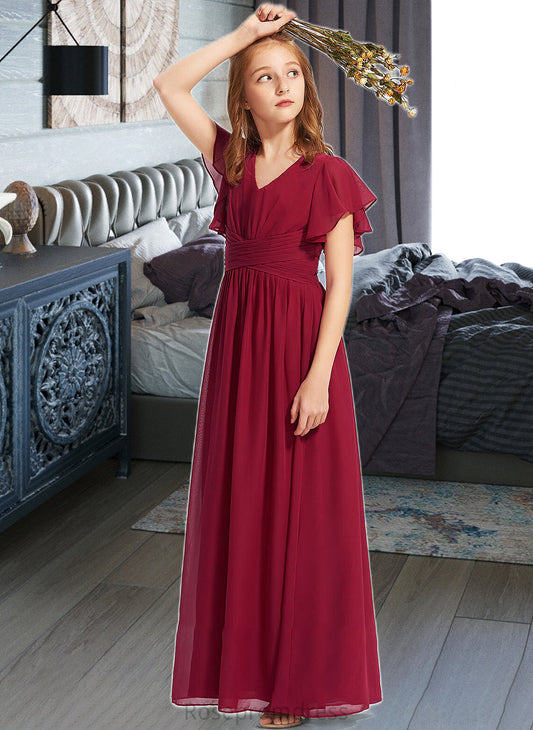 Juliet A-Line V-neck Floor-Length Chiffon Junior Bridesmaid Dress With Ruffle SRSP0013405