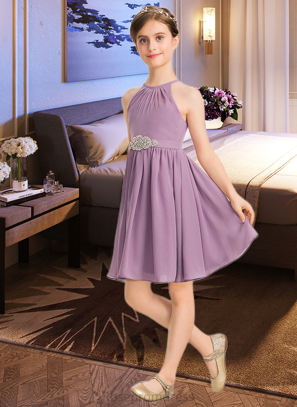 Denise A-Line Scoop Neck Knee-Length Chiffon Junior Bridesmaid Dress With Ruffle Beading SRSP0013407