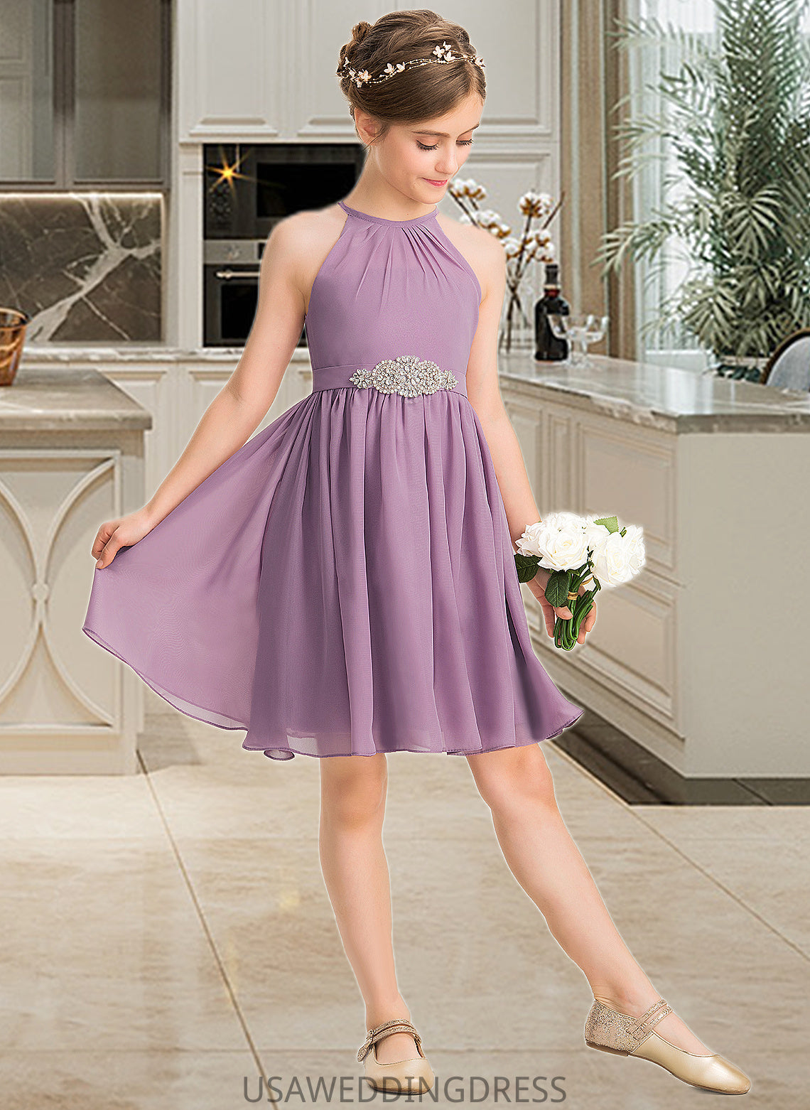 Esme A-Line Scoop Neck Knee-Length Chiffon Junior Bridesmaid Dress With Ruffle Beading DSP0013407