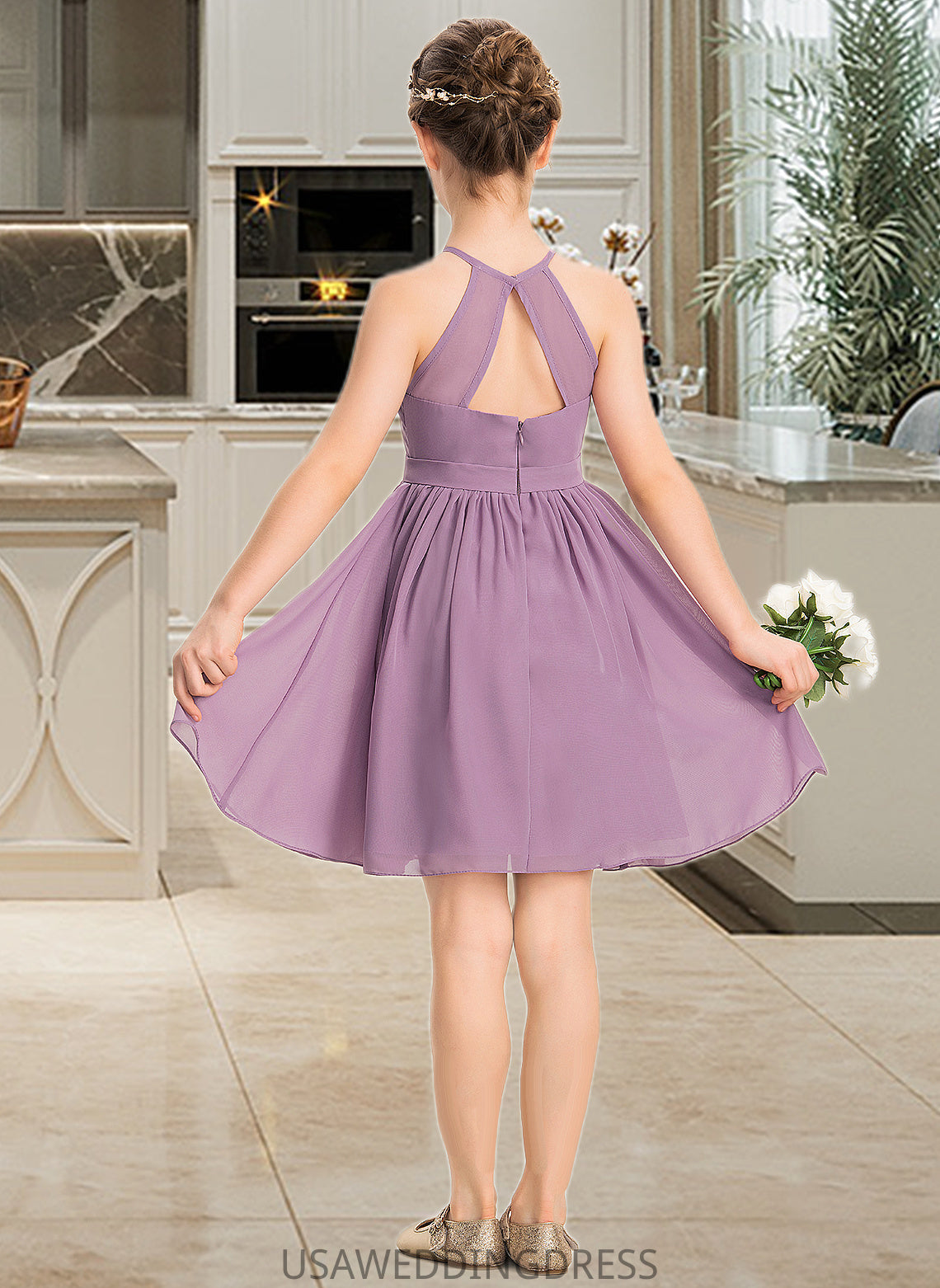 Esme A-Line Scoop Neck Knee-Length Chiffon Junior Bridesmaid Dress With Ruffle Beading DSP0013407