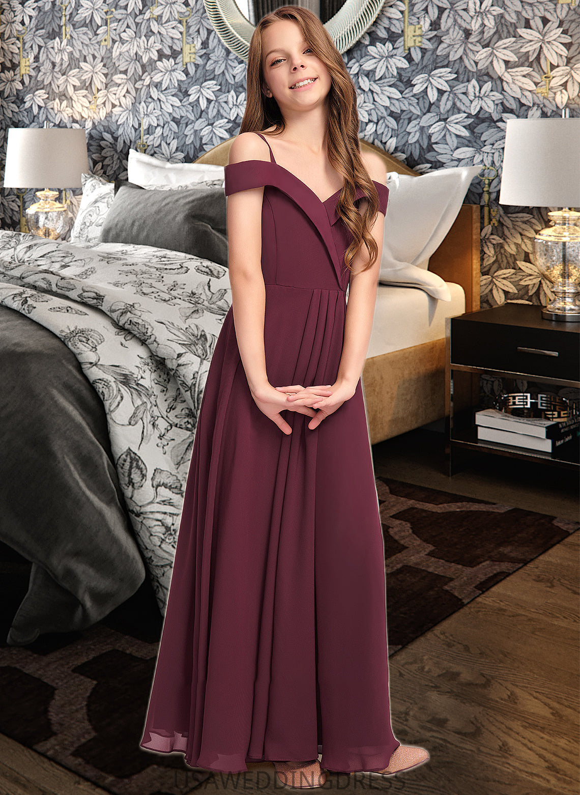 Hazel A-Line Off-the-Shoulder Floor-Length Chiffon Junior Bridesmaid Dress DSP0013408