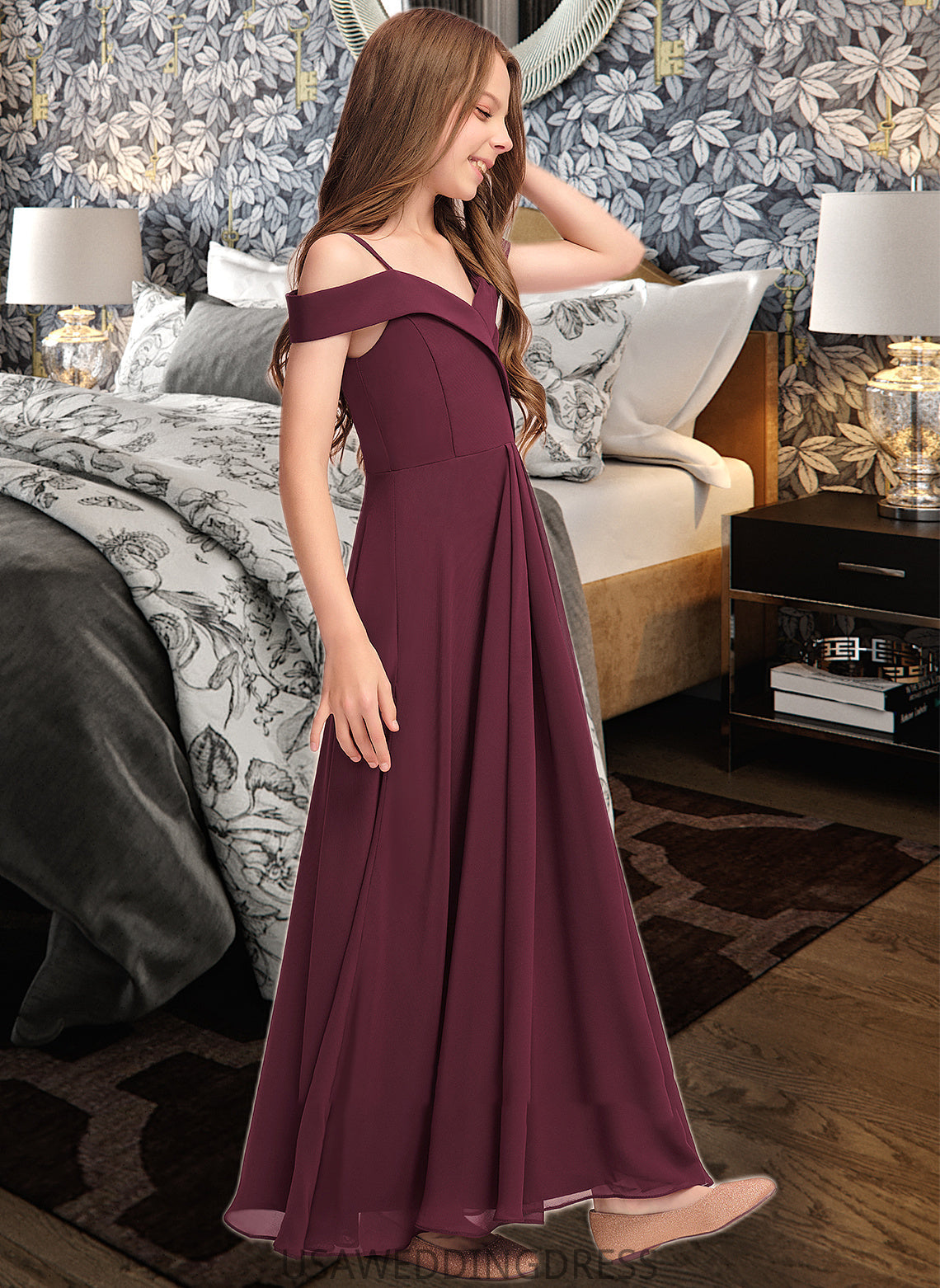 Hazel A-Line Off-the-Shoulder Floor-Length Chiffon Junior Bridesmaid Dress DSP0013408