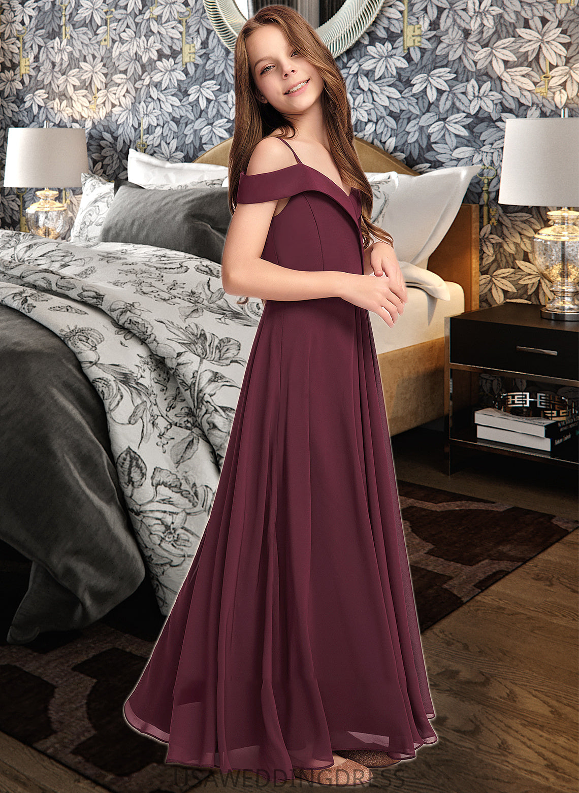Hazel A-Line Off-the-Shoulder Floor-Length Chiffon Junior Bridesmaid Dress DSP0013408