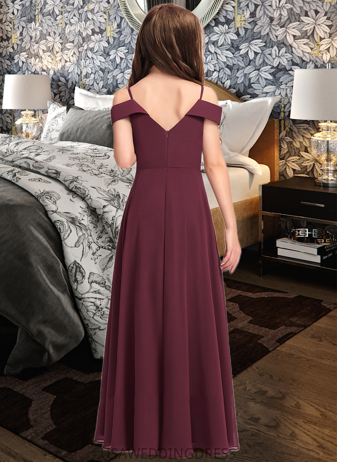 Hazel A-Line Off-the-Shoulder Floor-Length Chiffon Junior Bridesmaid Dress DSP0013408