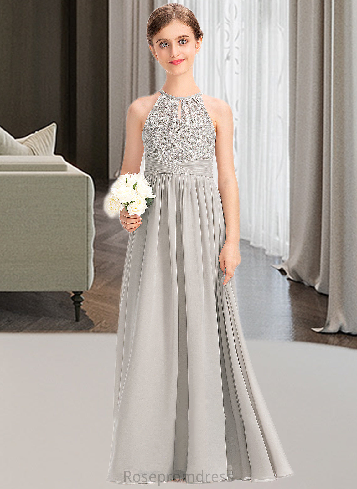 Priscilla A-Line Scoop Neck Floor-Length Chiffon Lace Junior Bridesmaid Dress With Ruffle SRSP0013409