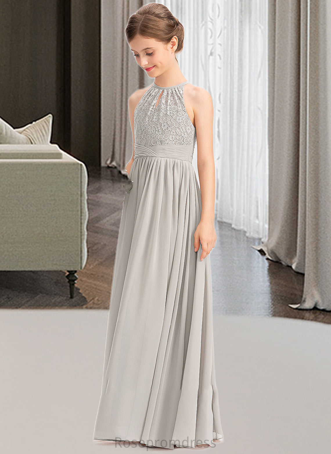 Priscilla A-Line Scoop Neck Floor-Length Chiffon Lace Junior Bridesmaid Dress With Ruffle SRSP0013409