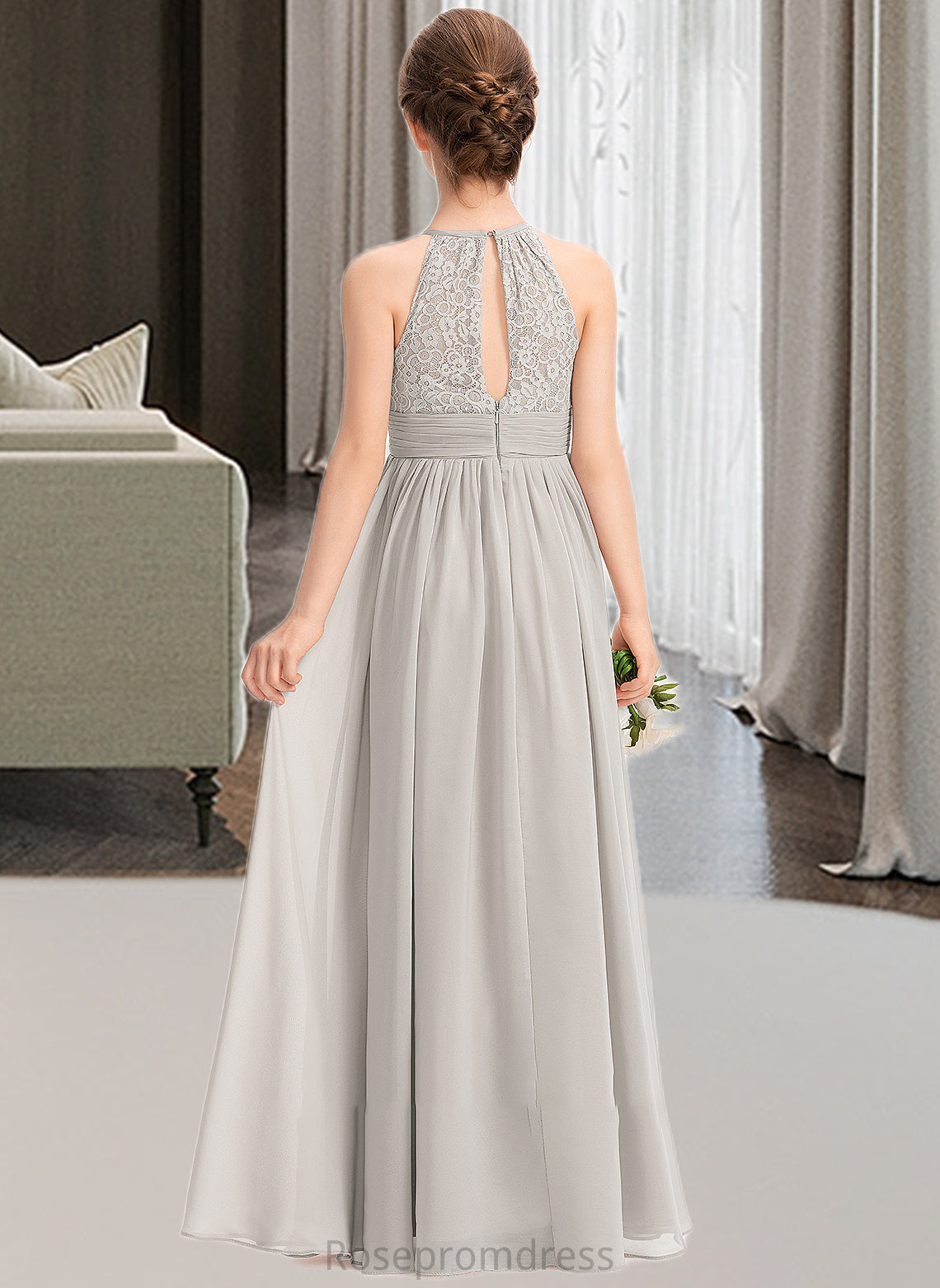 Priscilla A-Line Scoop Neck Floor-Length Chiffon Lace Junior Bridesmaid Dress With Ruffle SRSP0013409