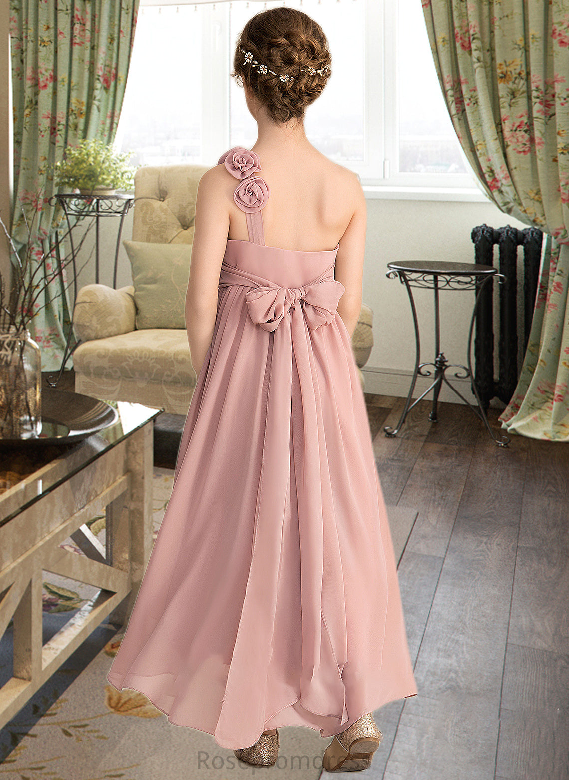 Kathleen A-Line One-Shoulder Asymmetrical Chiffon Junior Bridesmaid Dress With Ruffle Flower(s) Bow(s) SRSP0013410