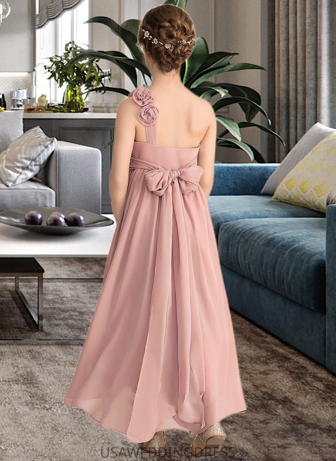 Norma A-Line One-Shoulder Asymmetrical Chiffon Junior Bridesmaid Dress With Ruffle Flower(s) Bow(s) DSP0013410