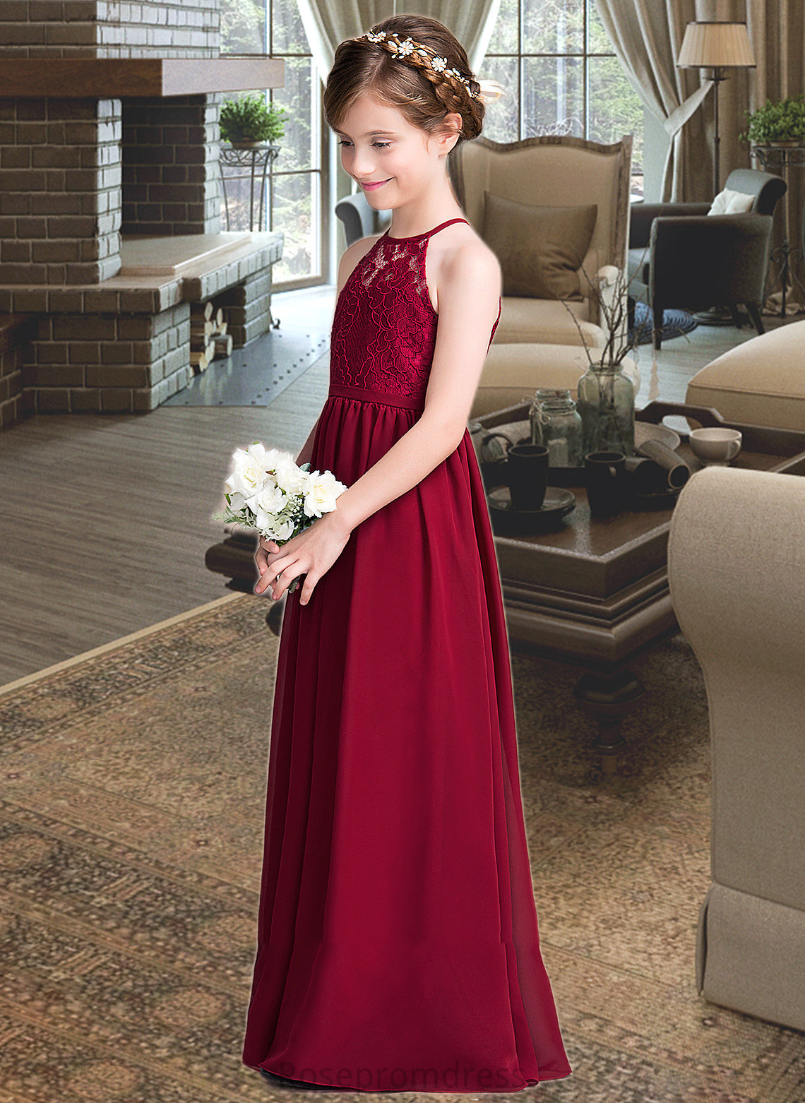 Maud A-Line Scoop Neck Floor-Length Chiffon Junior Bridesmaid Dress SRSP0013412