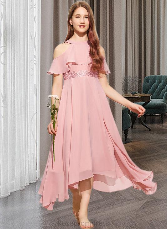 Sarah A-Line Scoop Neck Tea-Length Chiffon Lace Junior Bridesmaid Dress SRSP0013414