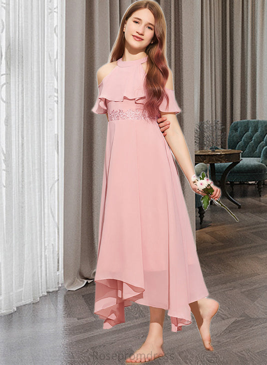 Sarah A-Line Scoop Neck Tea-Length Chiffon Lace Junior Bridesmaid Dress SRSP0013414