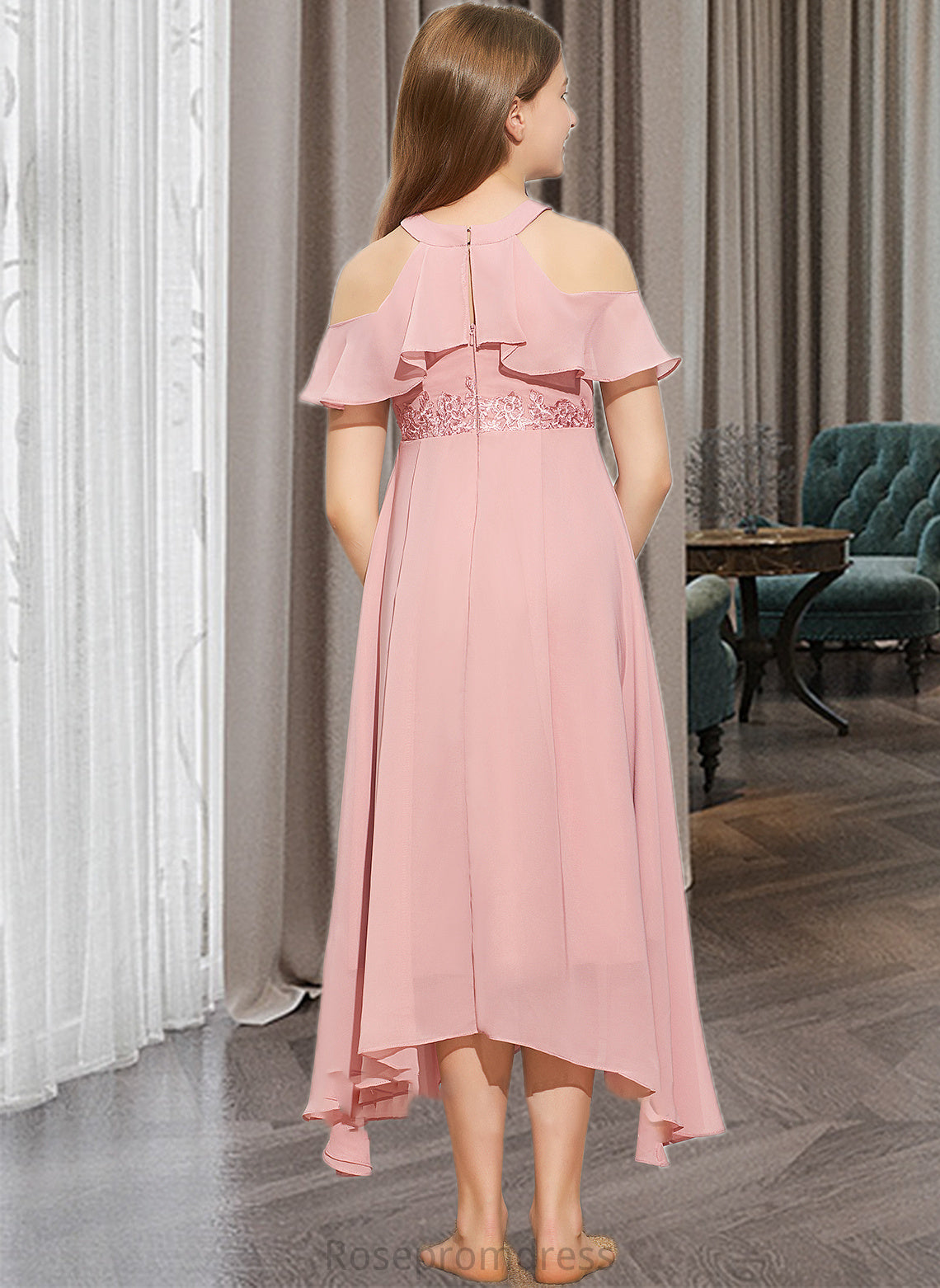 Sarah A-Line Scoop Neck Tea-Length Chiffon Lace Junior Bridesmaid Dress SRSP0013414