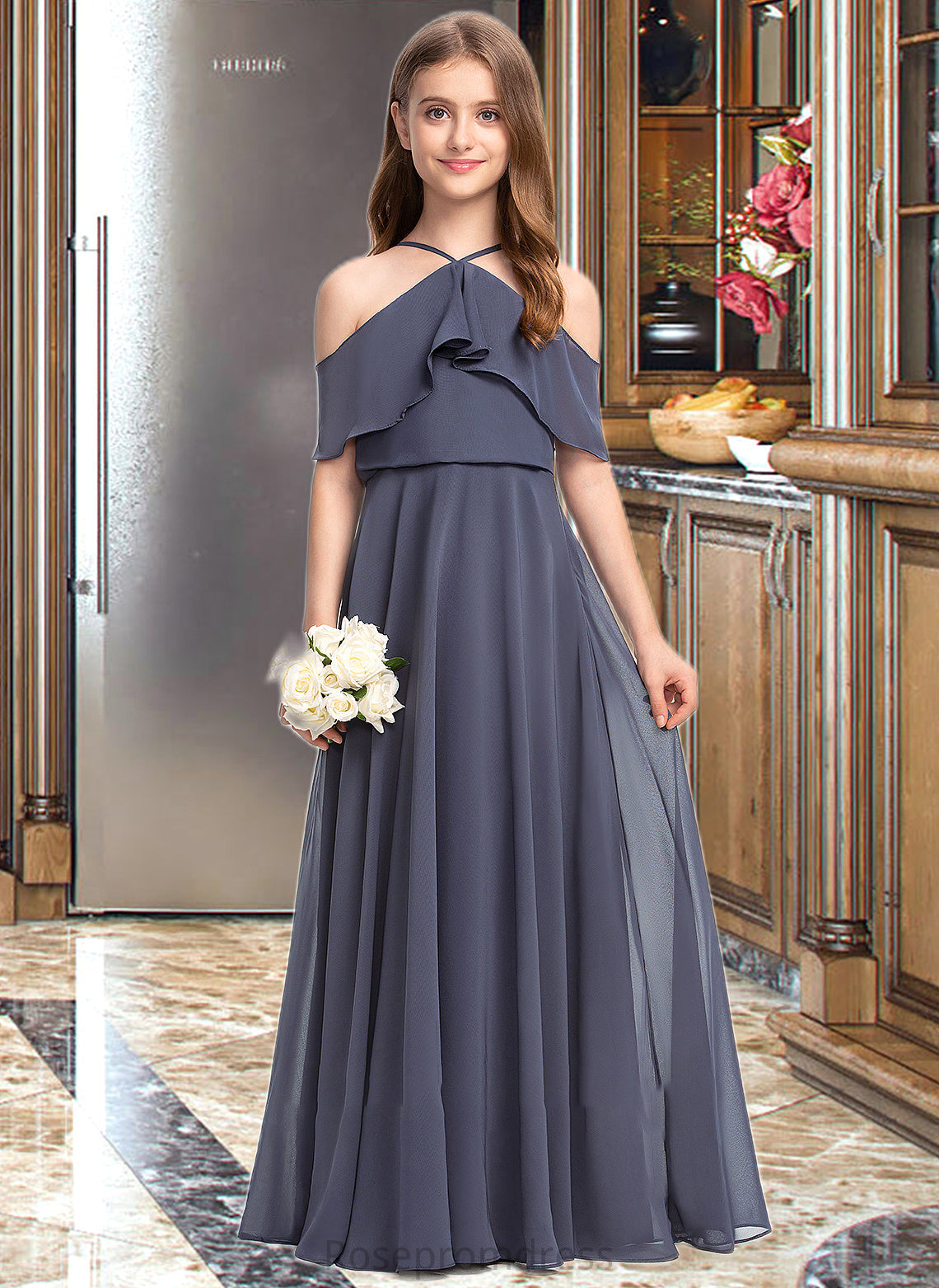 Cameron A-Line Off-the-Shoulder Floor-Length Chiffon Junior Bridesmaid Dress With Cascading Ruffles SRSP0013415