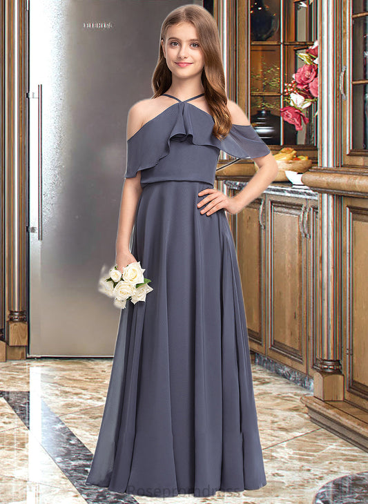 Cameron A-Line Off-the-Shoulder Floor-Length Chiffon Junior Bridesmaid Dress With Cascading Ruffles SRSP0013415