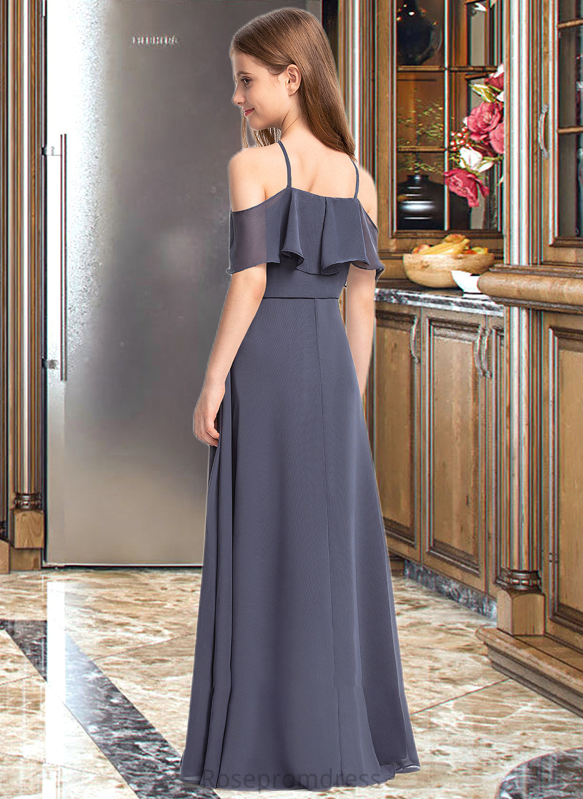 Cameron A-Line Off-the-Shoulder Floor-Length Chiffon Junior Bridesmaid Dress With Cascading Ruffles SRSP0013415