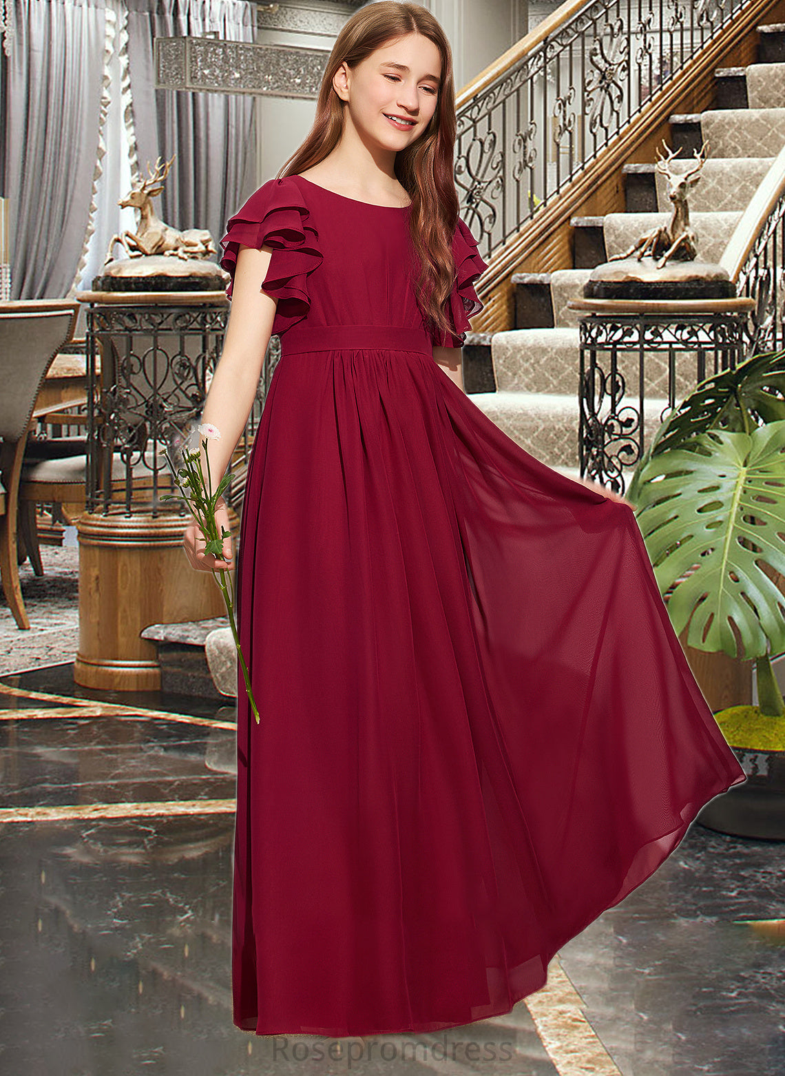 Natalee A-Line Scoop Neck Floor-Length Chiffon Junior Bridesmaid Dress With Cascading Ruffles SRSP0013417