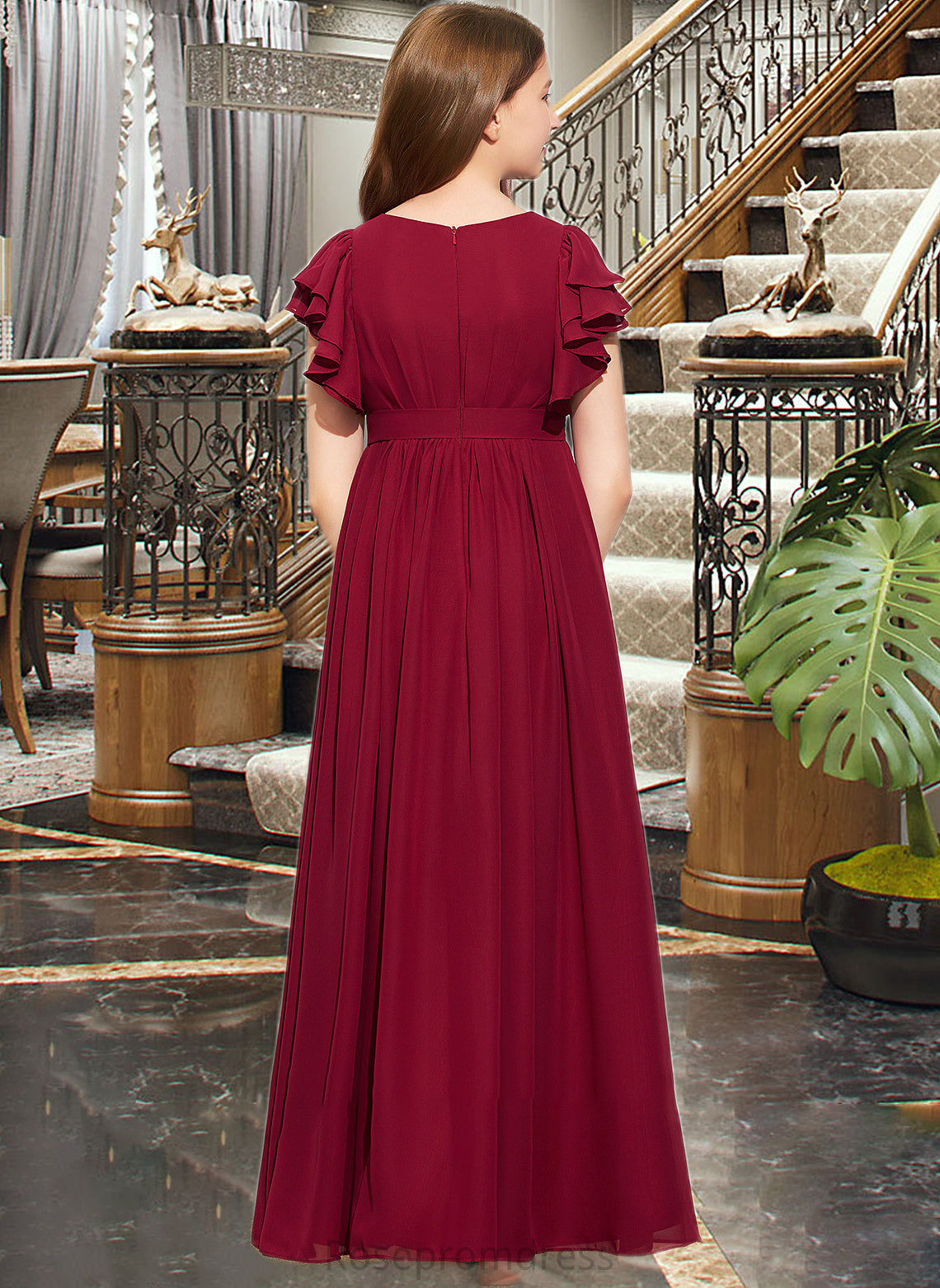 Natalee A-Line Scoop Neck Floor-Length Chiffon Junior Bridesmaid Dress With Cascading Ruffles SRSP0013417