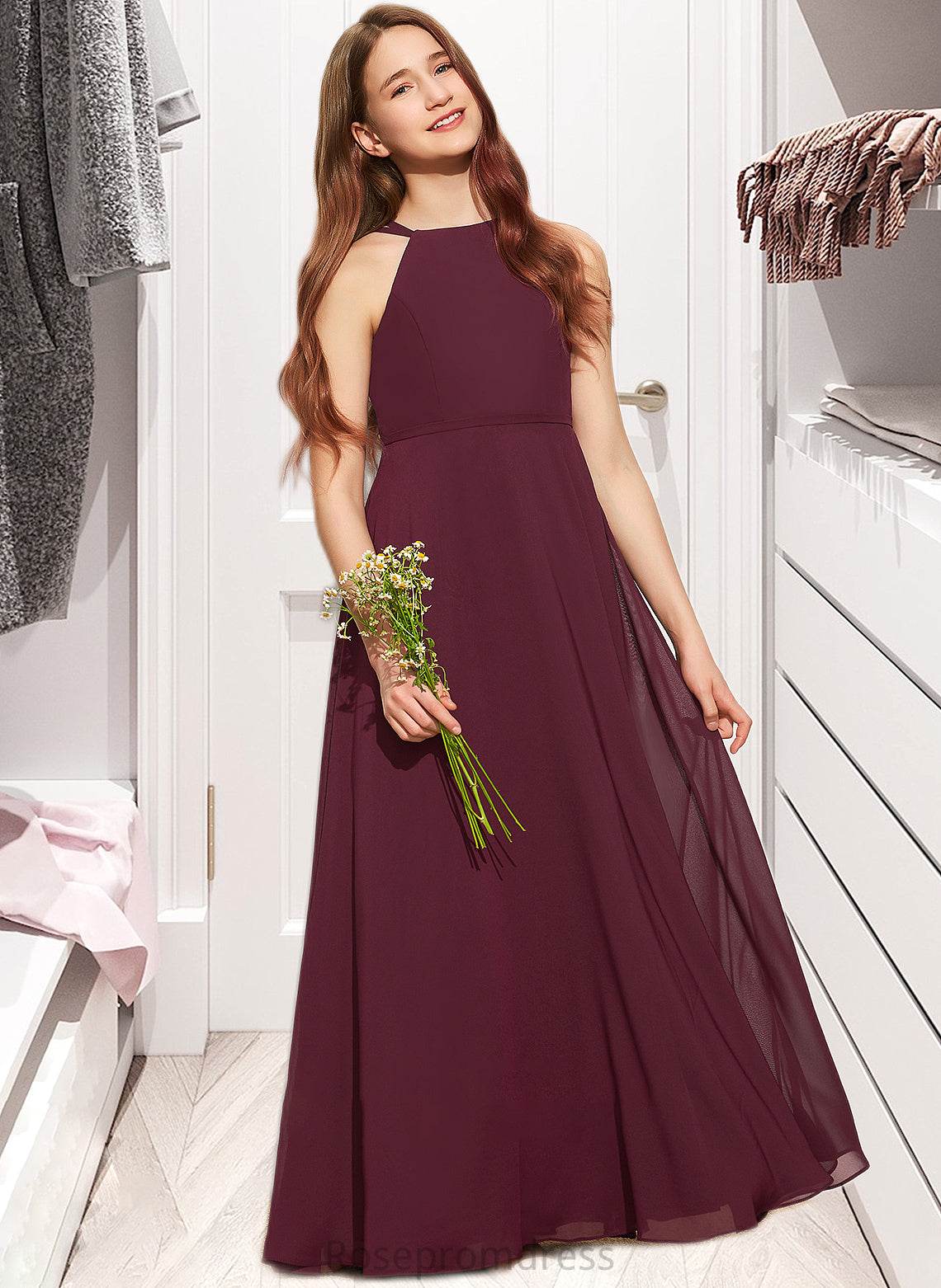 Natalia A-Line Scoop Neck Floor-Length Chiffon Junior Bridesmaid Dress SRSP0013418