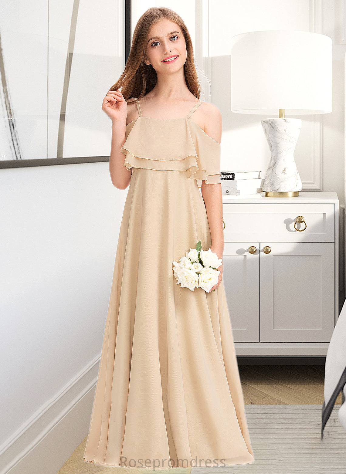 Kelly A-Line Off-the-Shoulder Floor-Length Chiffon Junior Bridesmaid Dress With Cascading Ruffles SRSP0013419