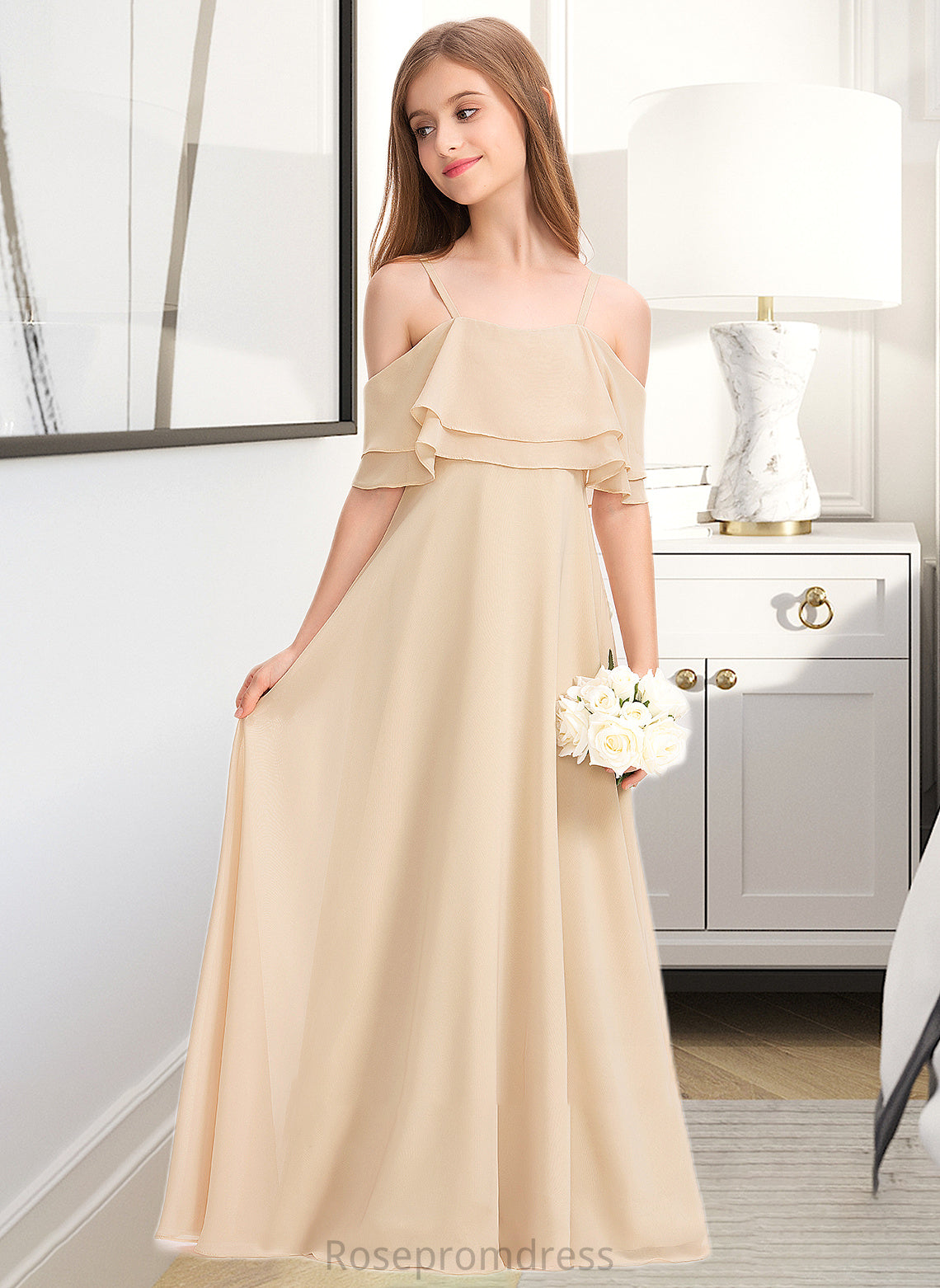 Kelly A-Line Off-the-Shoulder Floor-Length Chiffon Junior Bridesmaid Dress With Cascading Ruffles SRSP0013419